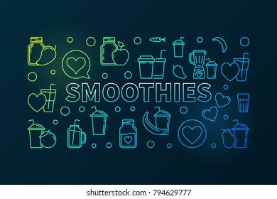 Smoothies vector colored horizontal banner. Vector illustration made with smoothie jars and glasses outline icons on dark background