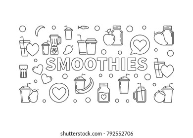 Smoothies vector concept horizontal banner. Illustration made with smoothie jars and glasses outline icons