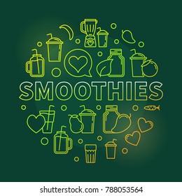 Smoothies vector green round symbol. Vector illustration made with smoothie jars and glasses outline icons on dark background