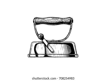 Smoothing iron with removable handle. Vector hand drawn illustration. Isolated on white background. Side view.