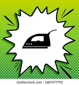 Smoothing Iron sign. Black Icon on white popart Splash at green background with white spots. Illustration.