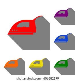 Smoothing Iron sign. Set of red, orange, yellow, green, blue and violet icons at white background with flat shadow.