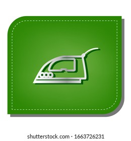 Smoothing Iron sign. Silver gradient line icon with dark green shadow at ecological patched green leaf. Illustration.