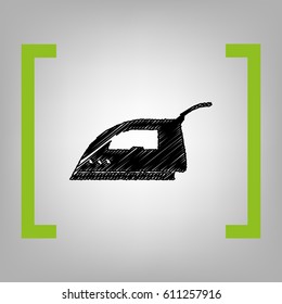 Smoothing Iron sign. Vector. Black scribble icon in citron brackets on grayish background.