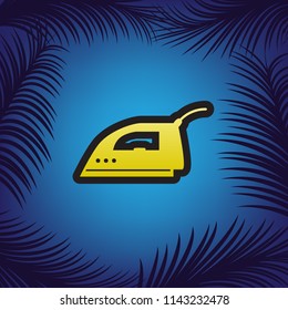 Smoothing Iron sign. Vector. Golden icon with black contour at blue background with branches of palm trees.