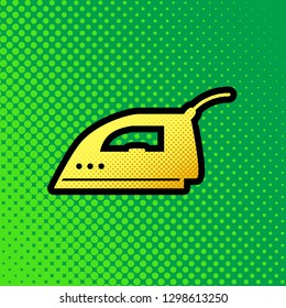 Smoothing Iron sign. Vector. Pop art orange to yellow dots-gradient icon with black contour at greenish background.