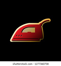 Smoothing Iron sign. Vector. Red icon with small black and limitless shadows at golden sticker on black background.
