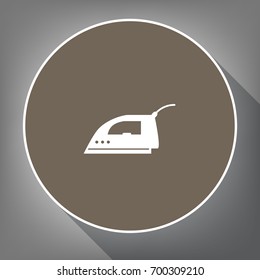 Smoothing Iron sign. Vector. White icon on brown circle with white contour and long shadow at gray background. Like top view on postament.