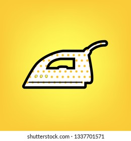 Smoothing Iron sign. Vector. Yellow polka dot white icon with black contour at warm yellow background.