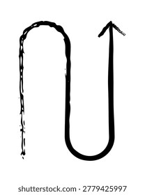 Smoothly bent arrow with U-turn shape grunge doodle design element. Redirection icon. Sharp curved path. Handdrawn pointer. Dynamic sketchy rough direction clipart. Distressed black ink line symbol