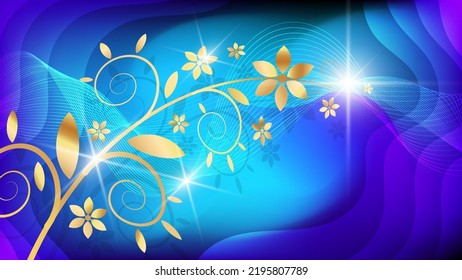 Smoothly curved abstract golden branch with flowers and leaves, intertwining thin lines, highlights and glows against the background of overlapping wavy shapes in blue tones. Vector.