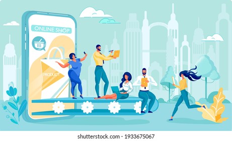 Smoothly Working Online Shop. Different People Sitting on Conveyer Belt with Gadgets and Devices Like Phones, Pads and Laptops, Moving Towards Internet Store in Smartphone Against Big City Background.