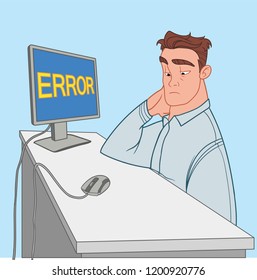 Smooth-shaved office worker sits in an office and looks at a mistake on a computer