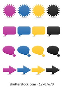 Smooth-style web icons in bright colors; includes speech and though bubbles