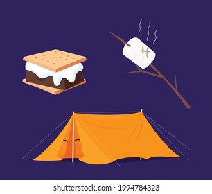 S'more Day Icon And Symbol Collection. Marshmallow Grill, Cracker, Tent Element Collection.