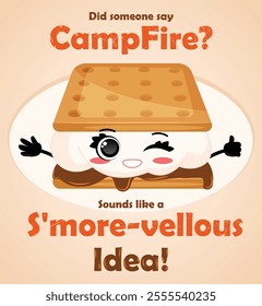 S`more Funny Pun Template Design with Kawaii American Graham Cracker Sandwich Illustration	