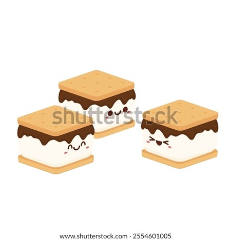 S'more graham cracker character. Chocolate bar and graham crackers. S'more graham cracker, chocolate, and marshmallow.