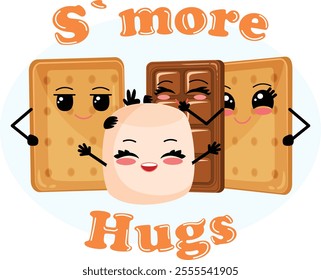 S`more Hugs with Crackers, Chocolate, and Happy Marshmallow Kawaii Cartoon Characters Illustration. 