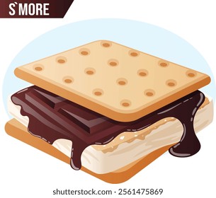 S`more Illustration. Chocolate Bar Melting on a Freshly Toasted Gooey Marshmallow. Traditional American Graham Cracker Sandwich Detailed Art.