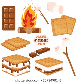 S`more Ingredient Collection. Crackers, Chocolate Bar, Marshmallows, S`mores and Marshmallow Roasting on Campfire. American and Canadian Camping Snacks 