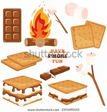 S`more Ingredient Collection. Crackers, Chocolate Bar, Marshmallows, S`mores and Marshmallow Roasting on Campfire. American and Canadian Camping Snacks 