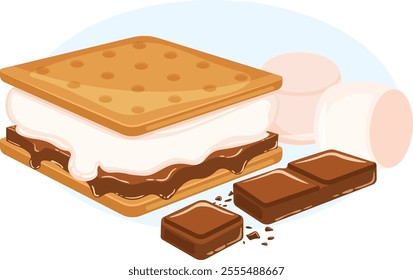 S`more with Marshmallows and Chocolate. American Camping Snack. Graham Cracker Sandwich Isolated with Ingredients 