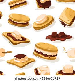 Smore pattern. Seamless print of nostalgic american campfire smores dessert, cracker chocolate graham marshmallow. Vector picnic food of delicious pattern, sweet seamless marshmallow illustration