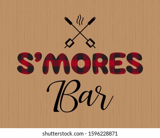 Smores bar flat vector typography poster. Buffalo plaid letter marshmallow screw sign. Cold winter season hot cocoa bar menu design element. Marshmallow roast cartoon fun treat illustration background