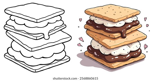 Smores Black and White Line Art Vector Illustration with Coloring Sample. Food and Snacks Coloring Pages for Adults and Kids.