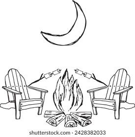 Smores and Campfire with Adirondack Chairs Under the Moon, Hand Drawn Vector Illustration, Roasting Marshmallows