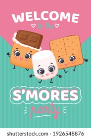 S'mores day party poster. Cute cartoon characters of sweet dessert - biscuit, chocolate, marshmallow and graham crackers invite on unofficial holiday. Flat vector illustration.