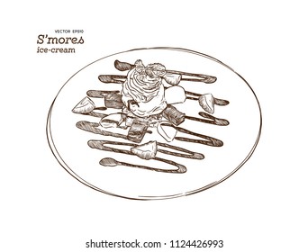 S'mores Ice-cream , Icecream With Crumble, Brownie, Fresh Strawberry, Marshmellow And Chocolate Sauce Hand Draw Sketch Vector.