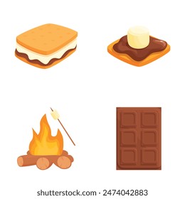 S'mores ingredients isolated set with marshmallow, chocolate, biscuit, roasted over campfire. Vector illustration of sweet dessert, graham cracker, confectionery, american cuisine, picnic icon