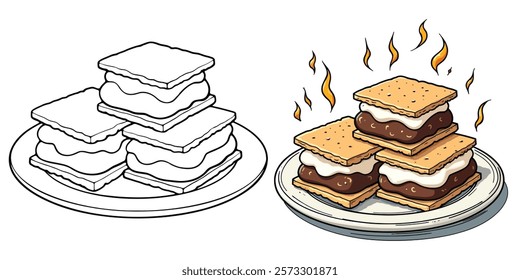 Smores Line Art Vector Illustration Black and White with Coloring Sample. Bold and Easy Food, Sweets, Drinks, Dessert, and Snacks Coloring Pages for Adults and Kids.