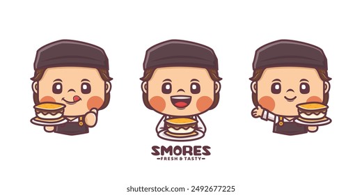 s'mores logo mascot, cartoon illustration with different poses and expressions, for culinary business, brand logo, sticker, cartoon identity, sticker, icon, etc.