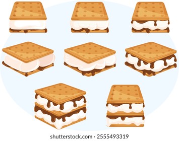 S`mores Set - Toasted Marshmallows with Chocolate in between Crackers. American Graham Cracker Sandwiches Collection. Popular Camping Snacks  