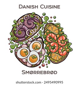 Smorrebrod is a traditional Danish open-faced sandwich consisting of a slice of rye bread topped with various combinations of meats, fish, vegetables, and spreads.