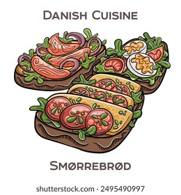 Smorrebrod is a traditional Danish open-faced sandwich consisting of a slice of rye bread topped with various combinations of meats, fish, vegetables, and spreads.