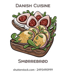 Smorrebrod is a traditional Danish open-faced sandwich consisting of a slice of rye bread topped with various combinations of meats, fish, vegetables, and spreads.