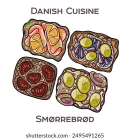 Smorrebrod is a traditional Danish open-faced sandwich consisting of a slice of rye bread topped with various combinations of meats, fish, vegetables, and spreads.