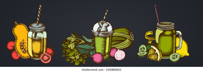 Smothie sets of lemons, radish, cherry tomatoes, pumpkin, smoothie cup, smothie jars, cucumber and celery.