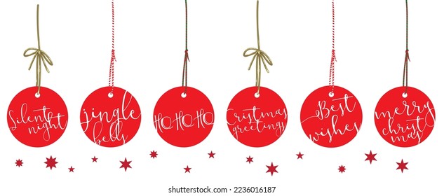 Smple minimalistic Christmas labels hung on decorative strings. Christmas slogans placed in round baubles.