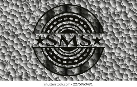 SMS-Schwarzes Emblem mit grauem Hintergrund. Jahrgang. Vektorgrafik. Detaillierte Angaben. 