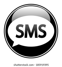Sms black glossy web icon on white background.