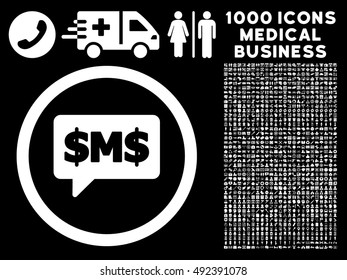 SMS Bubble icon with 1000 medical commerce white vector pictographs. Collection style is flat symbols, black background.