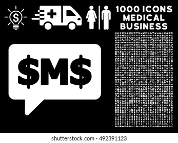 SMS Bubble icon with 1000 medical business white vector pictographs. Design style is flat symbols, black background.