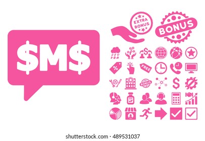 SMS Bubble icon with bonus clip art. Vector illustration style is flat iconic symbols, pink color, white background.