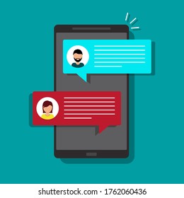 Mensaje de chat Sms en la pantalla del teléfono móvil. Burbuja de chat en el teléfono móvil. Icono de notificación de mensajes. La persona habla con las mujeres en las redes sociales. Diálogo de conversación por teléfono. Icono de robot de charla. vector