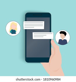 Chat SMS en un teléfono móvil, mensajería, correspondencia entre dos contactos, correo electrónico de los usuarios. Iconos con fotos de usuarios. Notificación por correo electrónico. Imagen del vector
