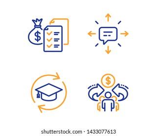 Sms, Continuing education and Accounting wealth icons simple set. Sharing economy sign. Conversation, Online education, Audit report. Share. Education set. Linear sms icon. Colorful design set. Vector